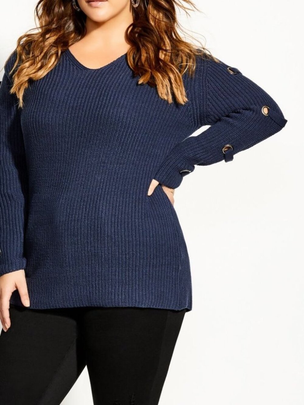 City Chic Navy Blue Grommet Sleeve Ribbed V-Neck Knit Sweater Plus Size 24 NWT